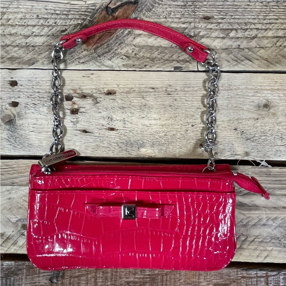 Liz Claiborne Wallet 7x4 Chain Purse Red Shiny Faux Crocodile Leather LC Handbag